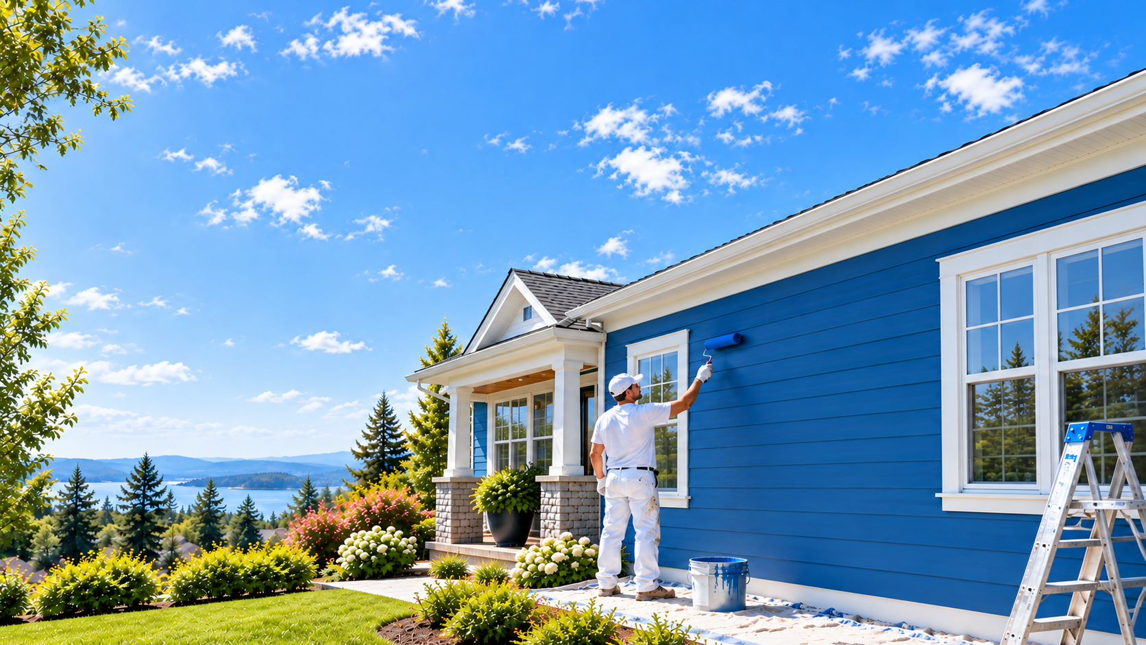 Illustrative painter refreshing a blue Sacramento home